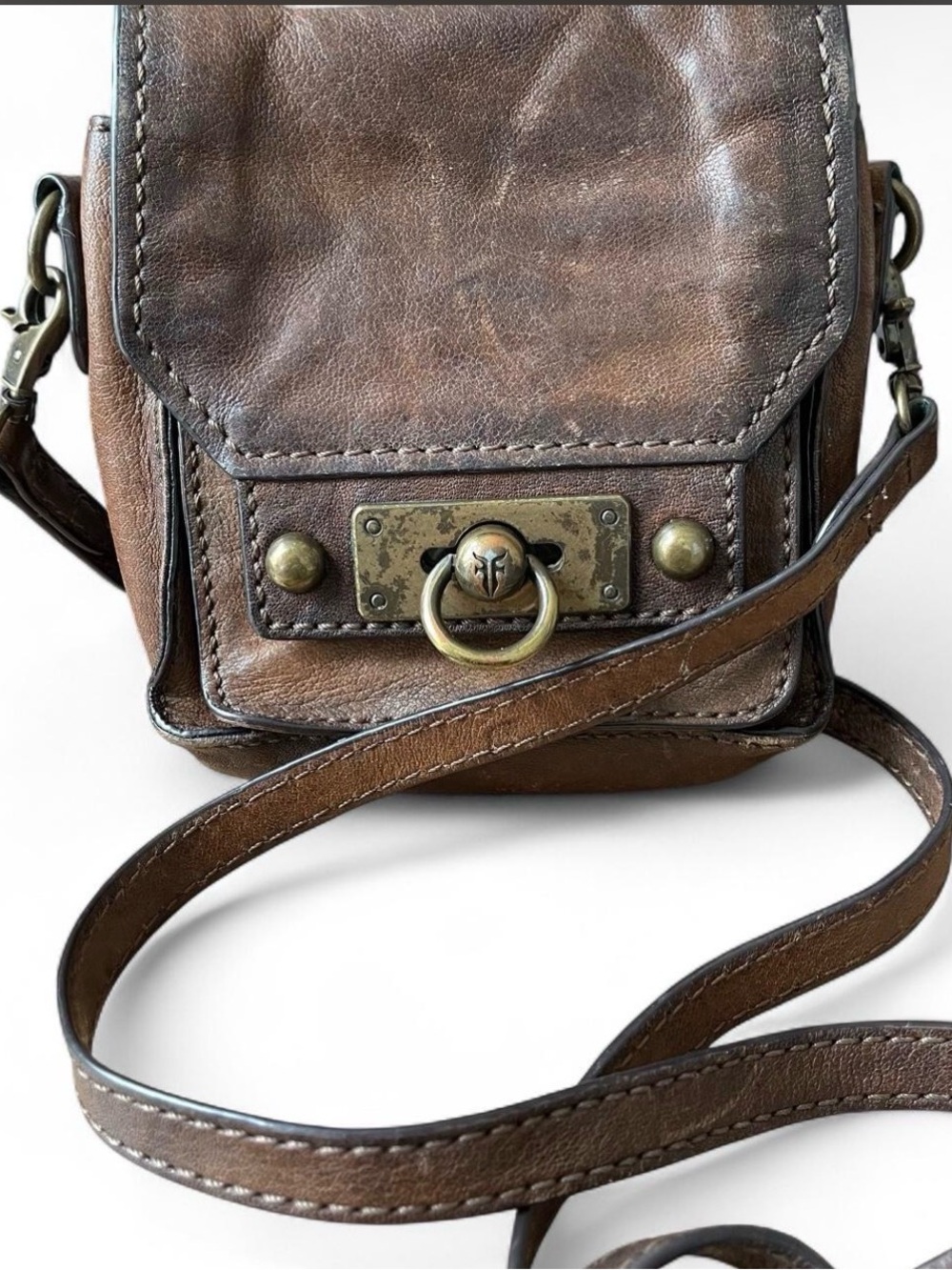 Frye Cameron Mini Brown Distressed Leather Crossbody Bag DB880